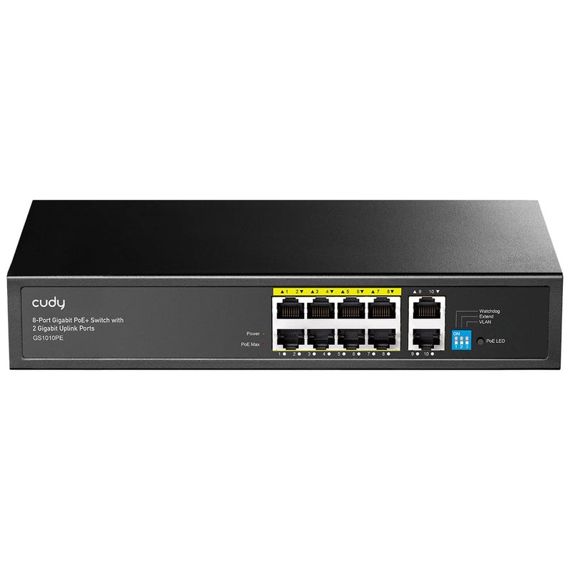 Cudy 8 Port Gigabit PoE Switch, 120 Watts PoE Budget, 8 10/100/1000Mbps PoE+ Ports, 2 Gigabit Uplink Ports , 802.3at, 802.3af, 1/2 (+), 3/6 (-), Fanless, Plug and Play, GS1010PE - Image 1